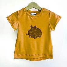 Detské oblečenie - Detské merino tričko so zajačikom, krátke rukávy (Horčicová) - 16600152_
