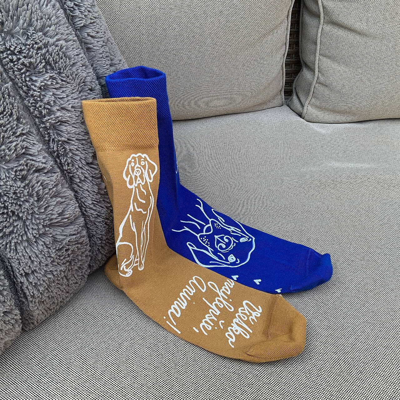 Maľované ponožky s nápisom: "Všetko najlepšie ((meno) + na želanie (dvojfarebné) so psíkmi)