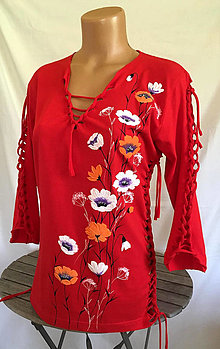 Topy, tričká, tielka - Červené tričko prostříhané s bílými květy, S - 16600389_