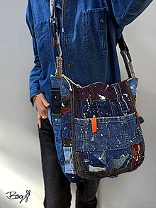 Veľké tašky - unisex sešívaná džínová taška s klopou, šplíchanci - 16603178_