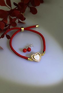 Náramky - červený náramok "srdce" s náušnicami z koralu - 16602647_