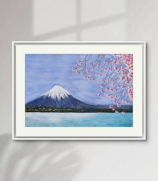 Hora Fuji i Sakura. Originálna akvarelová maľba