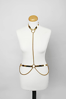 Opasky - Harness s řetězy a kůží ve zlaté barvě - 16605019_