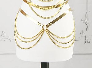 Opasky - Harness s řetězy a kůží ve zlaté barvě - 16605249_