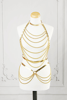 Opasky - Harness s řetězy a kůží ve zlaté barvě, kostým - 16605258_