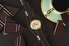 Náramky - Kožený remienok na hodinky 18mm, Classic s podložkou/tmavohnedý/pracka zlatej farby/hnedé prešitie, veľkosť L-XL - 16606453_