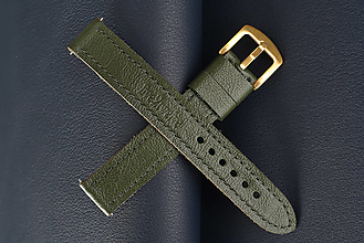 Náramky - Kožený remienok na hodinky 18mm, Classic/army zelený/zlatá pracka/zelené prešitie, XL-XXL - 16606408_