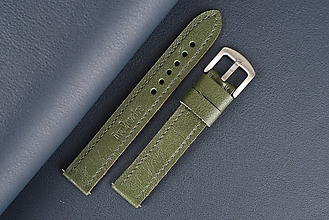 Náramky - Kožený remienok na hodinky 18mm, Classic/army zelený/strieborná pracka/zelené prešitie, XL - 16606428_