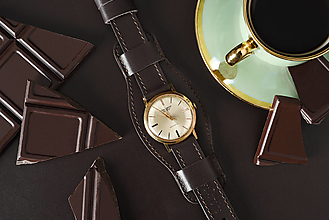Náramky - Kožený remienok na hodinky 18mm, Classic s podložkou/tmavohnedý/pracka zlatej farby/hnedé prešitie, L-XL - 16606453_
