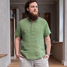Pánske oblečenie - Ľanová košeľa Mojmír zelená s krátkym rukávom - 16608157_