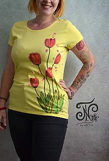 Topy, tričká, tielka - akvarelové tulipány - ručne maľované tričko - 16608783_