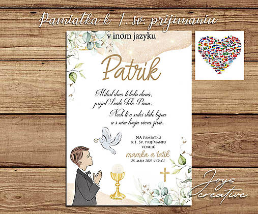 Pamiatka,  tabuľka k 1.sv. prijímaniu B01 (Personalizácia iný jazyk (samostatne nepredajné))