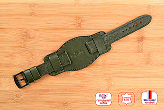 Náramky - Kožený remienok na hodinky 20mm, Classic s podložkou/army zelená/čierna pracka/zelené prešitie, veľkosť XL - 16608061_