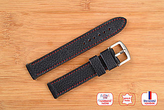 Náramky - Kožený remienok na hodinky 20mm, Classic/tmavomodrý/strieborná pracka/červené prešitie, veľkosť XL - 16608470_