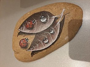 Dekorácie - Maľovaný kameň - listy s lienkami - 16610723_