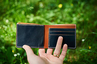 Peňaženky - Kožená peňaženka (Tmavomodrá - koňak - prírodná hladenica) - 16611683_