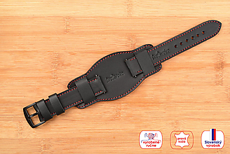 Náramky - Kožený remienok na hodinky 22mm, Classic s podložkou/čierny/červené prešitie/čierna pracka, XL - 16612529_