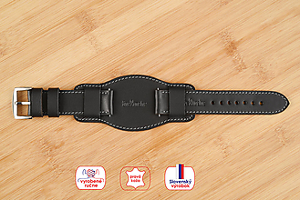 Náramky - Kožený remienok na hodinky 22mm, Classic s podložkou/čierny/sivé prešitie/strieborná pracka/L - 16612562_