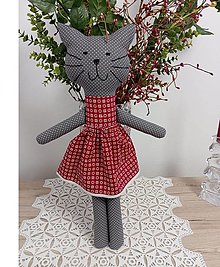 Hračky - Látková Bábika, Mačka, Líška, Ovečka ..... (Sivá mačka v červených šatách) - 16615627_