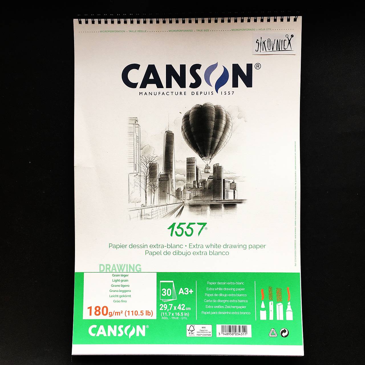 Skicár CANSON 1557, 180g/m2, A3+, 30 listov