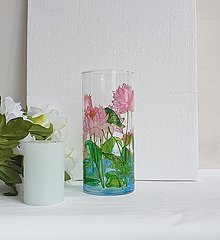 Dekorácie - Sklenená váza maľovaná lotos - 16617740_