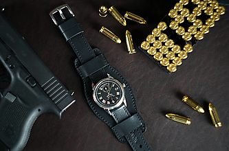Náramky - Kožený remienok na hodinky 24mm, Classic s podložkou/čierny/čierne prešitie/strieborná pracka/ XL - 16620752_