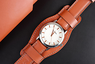 Náramky - Kožený remienok na hodinky 24mm, Hercules s podložkou/oranžovo-hnedý/strieborná pracka/sivé prešitie/XL - 16623254_