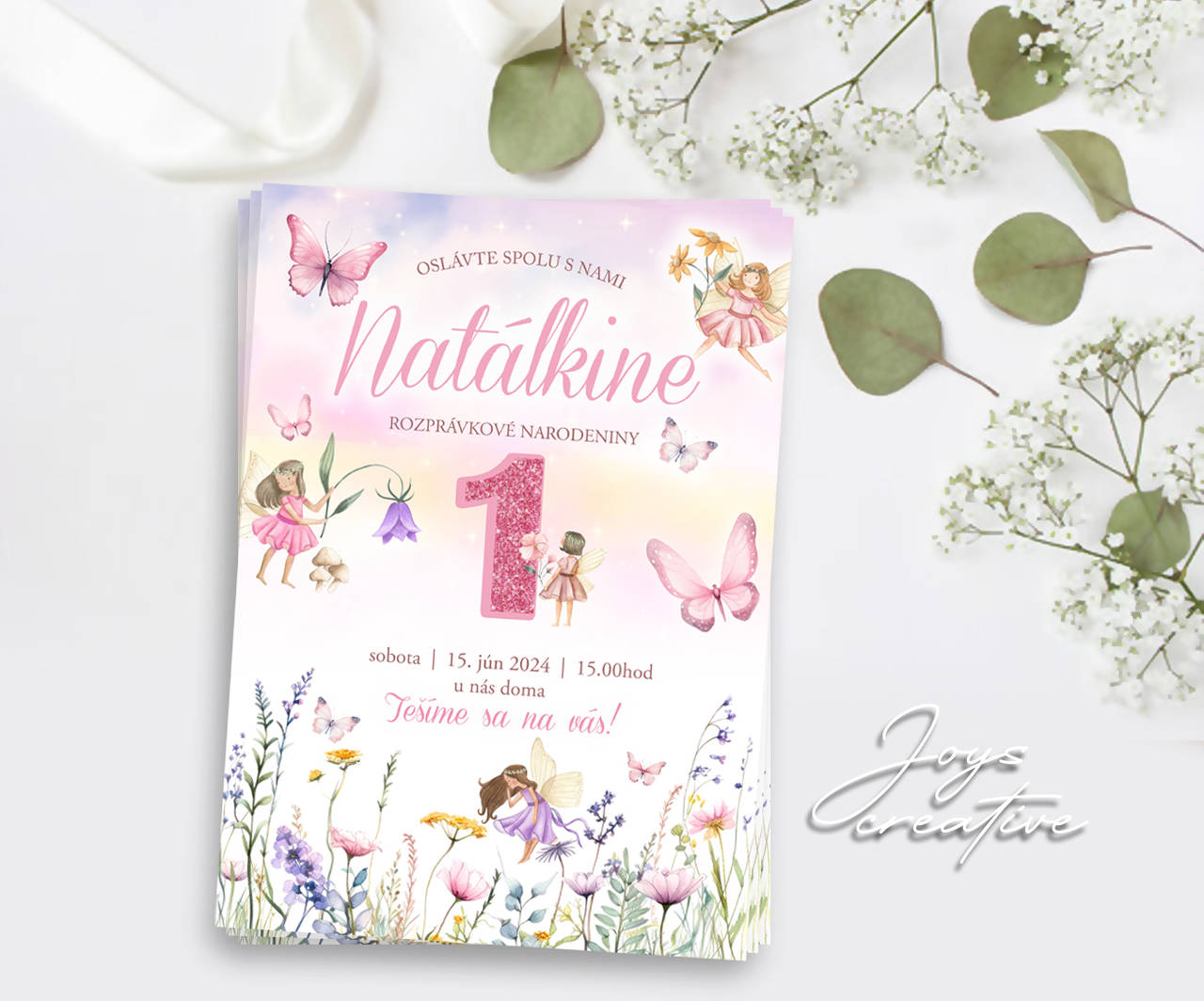 Pozvánka na narodeniny s vílou, motýlikmi a lúčnymi kvetmi