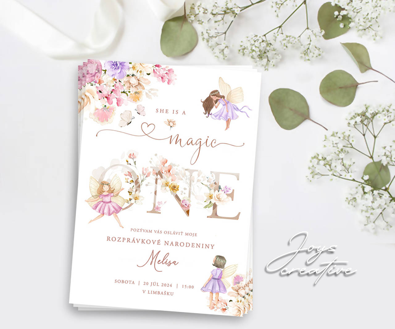 Pozvánka na narodeniny s vílami a motýlikmi, She is ONE
