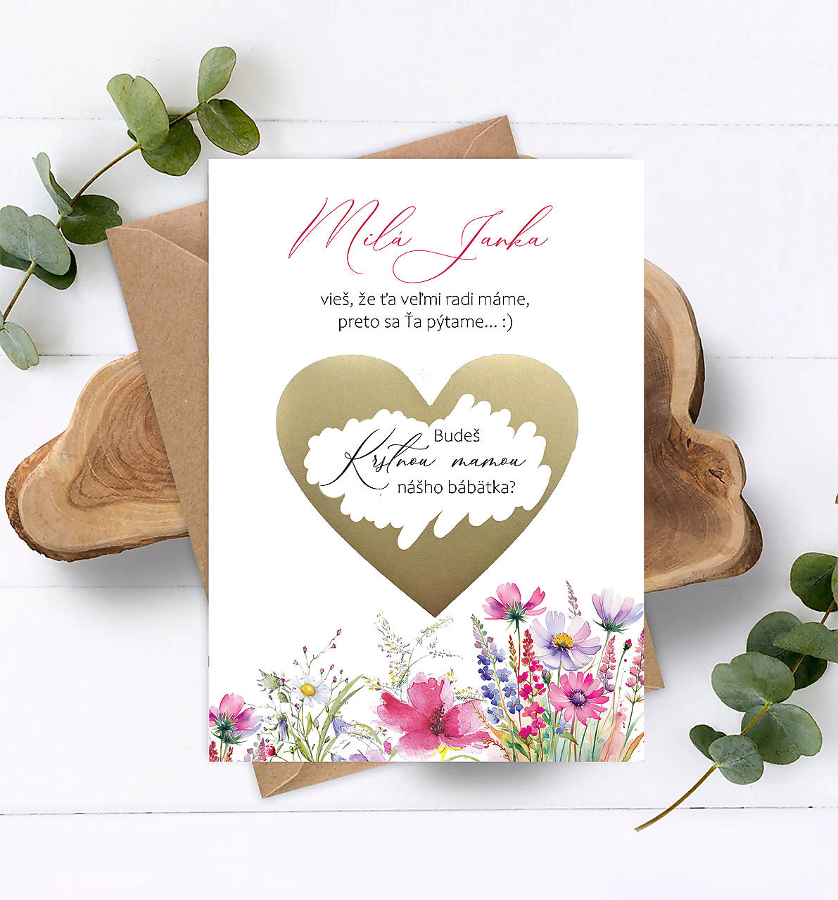Stieracia kartička s lúčnymi kvetmi pre krstných rodičov