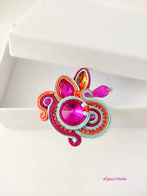 Brošne - Dobromila soutache brošňa (Mentolová + cyklamenová + oranžová) - 16654013_