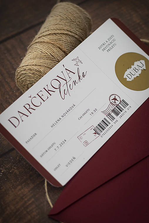 Papiernictvo - Narodeninový poukaz / darček - Letenka (bordová) - 16657582_
