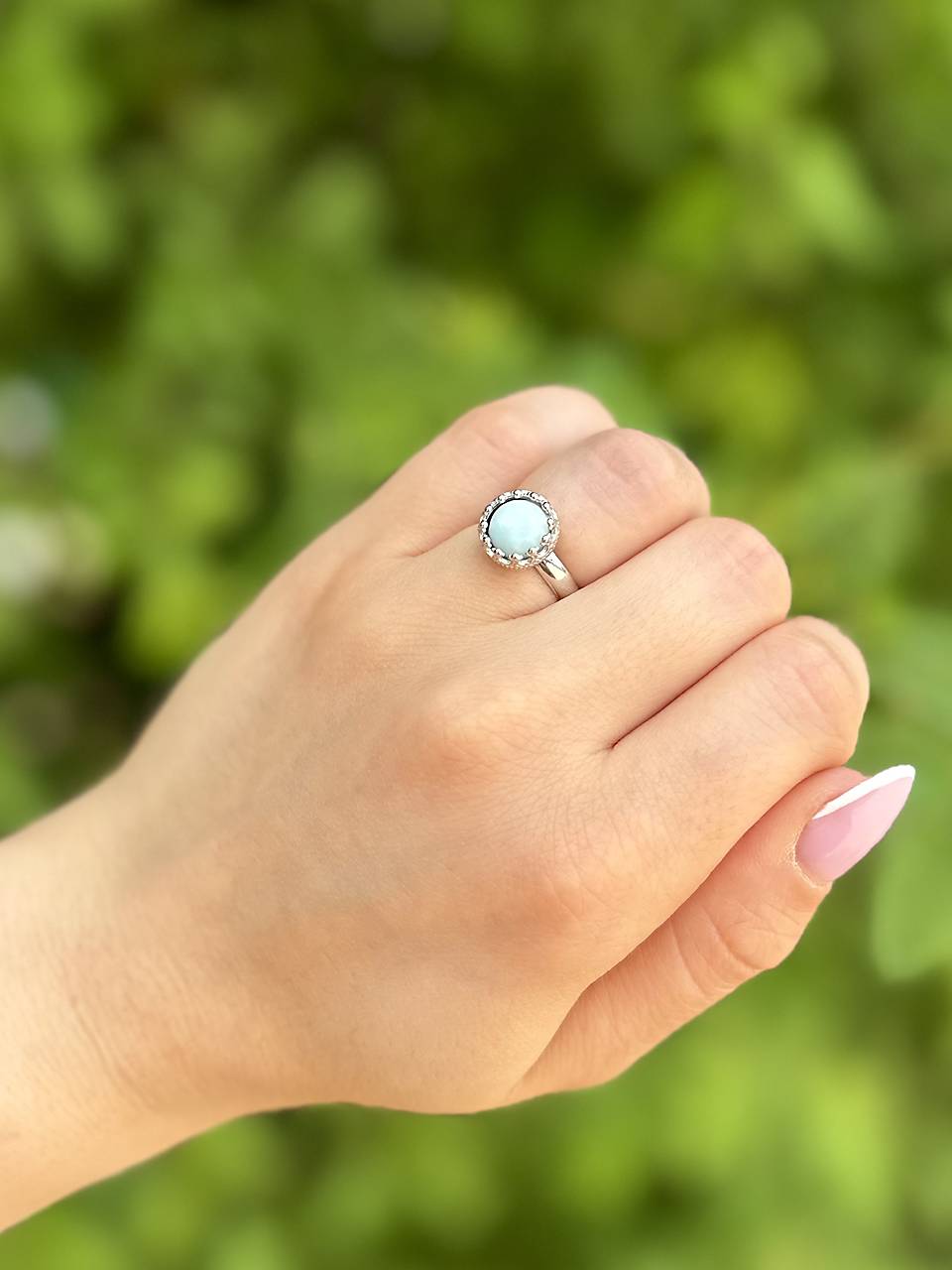 Prsteň Larimar v rhodiovanom striebre