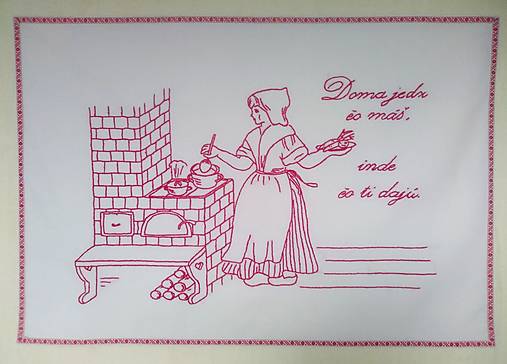 Úžitkový textil - Kuchynská plátená nástenka ručne vyšívaná "Doma jedz čo máš, inde čo ti dajú." (červená) - 16672674_