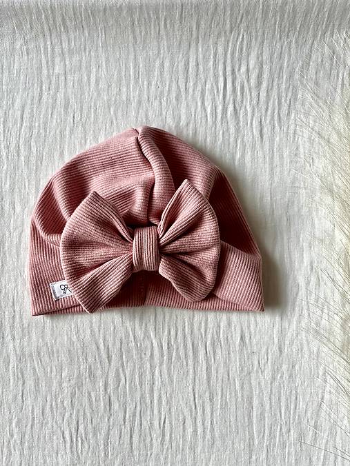 Detské čiapky - Turban z rebrovaného úpletu s mašľou (Silvia - béžový rebrovaný úplet) - 16671935_