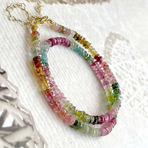 Multicolour Tourmaline AAA Rondelle Necklace AG925 Gold Plated / Náhrdelník turmalín rondelky, pozlátený AG925 E005