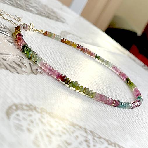 Multicolour Tourmaline AAA Rondelle Necklace AG925 Gold Plated / Náhrdelník turmalín rondelky, pozlátený AG925 E005