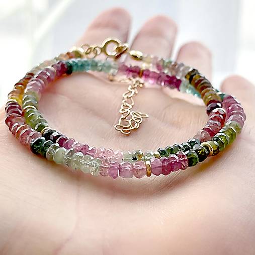 Multicolour Tourmaline AAA Rondelle Necklace AG925 Gold Plated / Náhrdelník turmalín rondelky, pozlátený AG925 E005