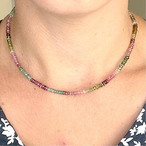 Multicolour Tourmaline AAA Rondelle Necklace AG925 Gold Plated / Náhrdelník turmalín rondelky, pozlátený AG925 E005