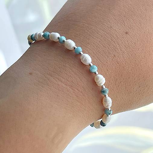 Larimar and Pearls Bracelet AG925 / Náramok perly, larimar AG925 E036