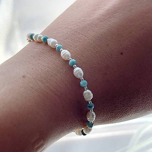 Larimar and Pearls Bracelet AG925 / Náramok perly, larimar AG925 E036