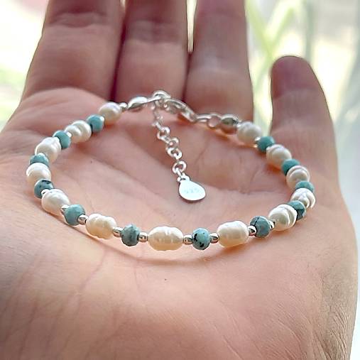 Larimar and Pearls Bracelet AG925 / Náramok perly, larimar AG925 E036