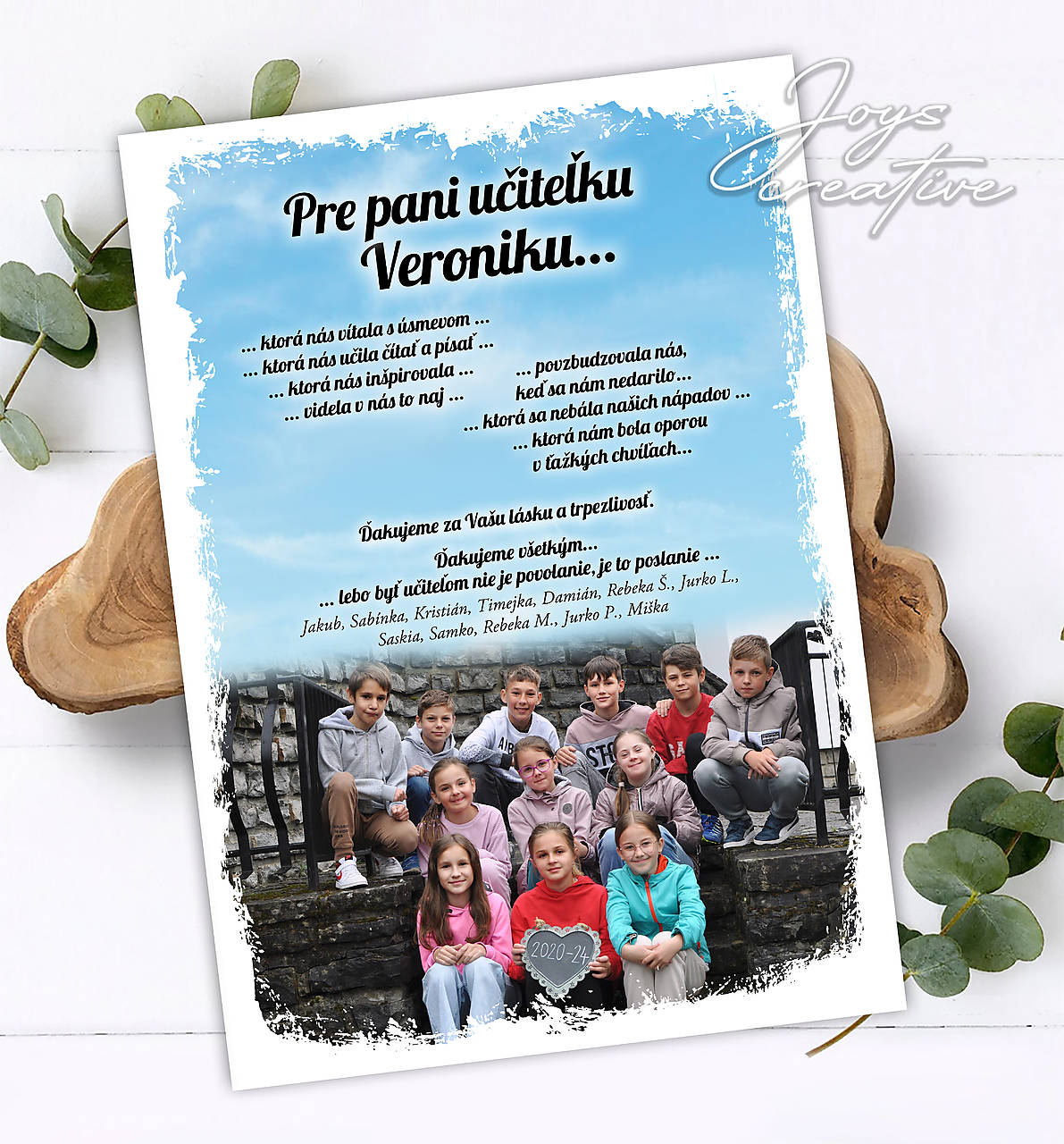 Poďakovanie na koniec školského roka, tabuľa s fotkou pre pani učiteľku (štvrtáci iný text)