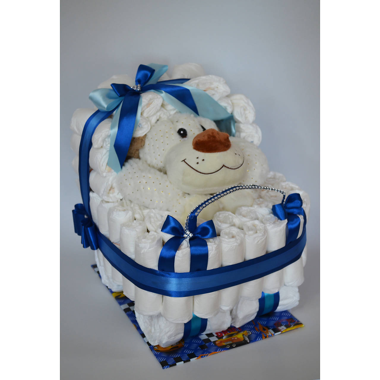 Plienková torta - KOČÍK - ružový, modrý a biely