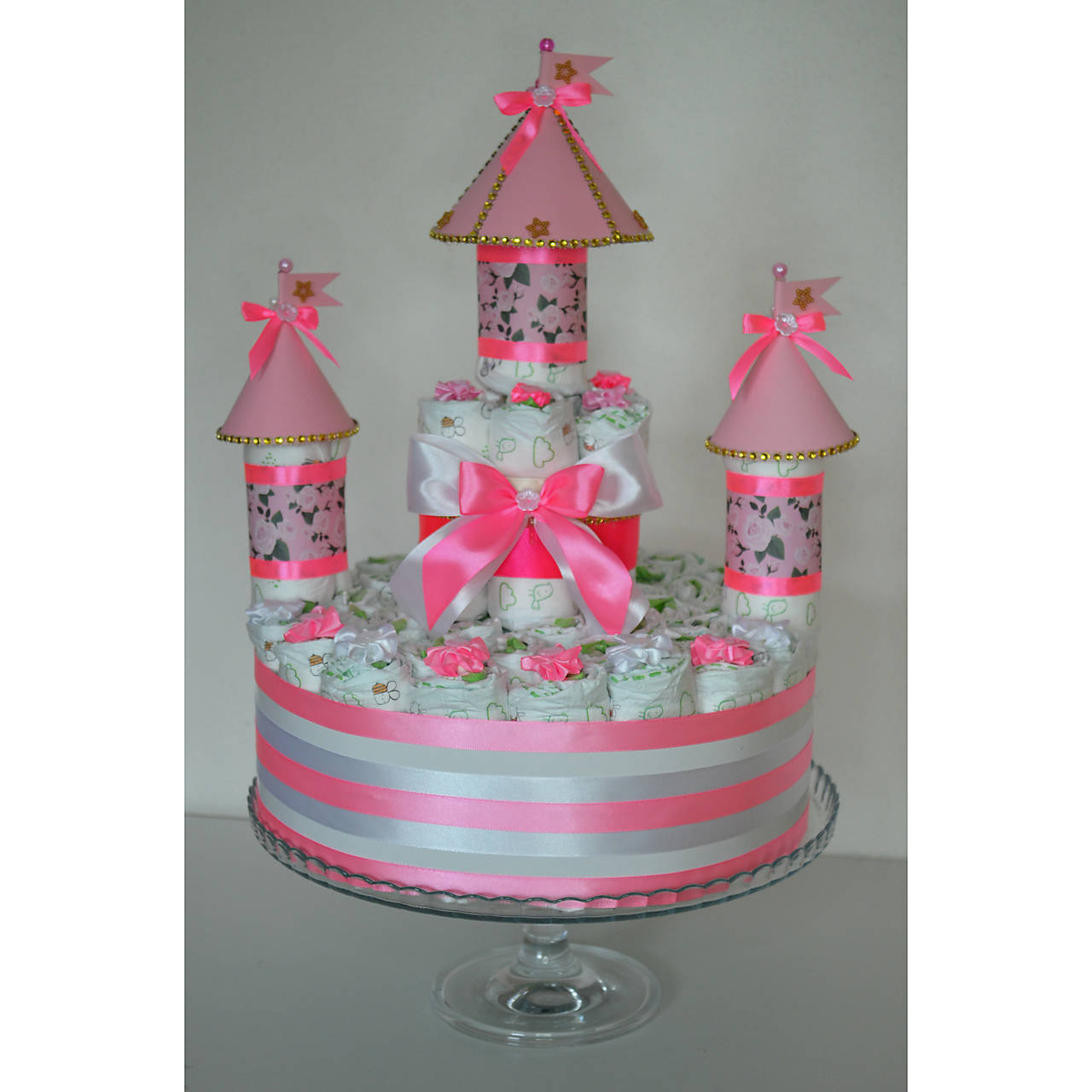 Plienková torta ZÁMOK - ružová (Veľkosť plienok č.6 (nad 15kg))