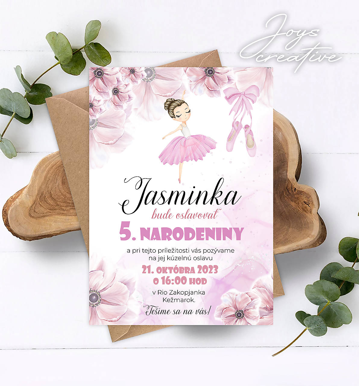 Pozvánka na narodeniny s baletkou, detská pozvánka (dizajn 2)