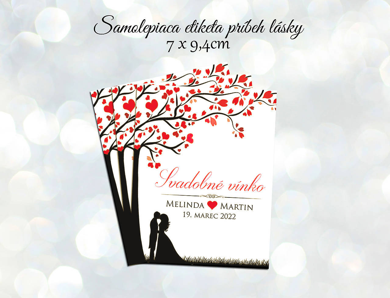 Samolepiace svadobné etikety na víno príbeh lásky (Červená)