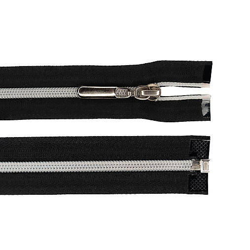 Galantéria - Zips číerny, špirálový s kovovým strieborným efektom, šírka zúbkov 5mm, dĺžka 65 cm - 16695225_