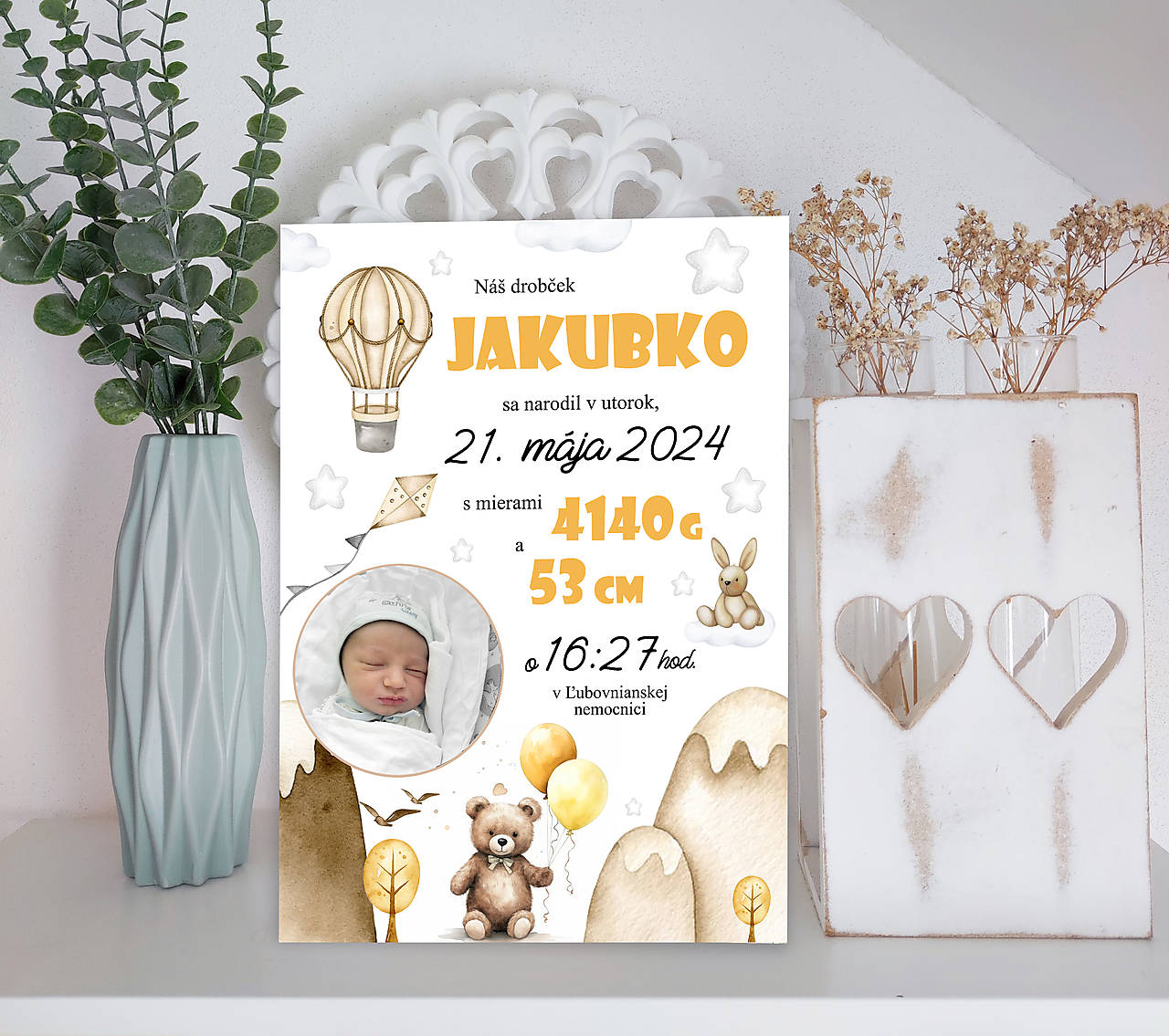 Tabuľka pre bábätko s údajmi o narodení balón hory hviezdičky (tučné písmo cca a4 - 27x19cm)