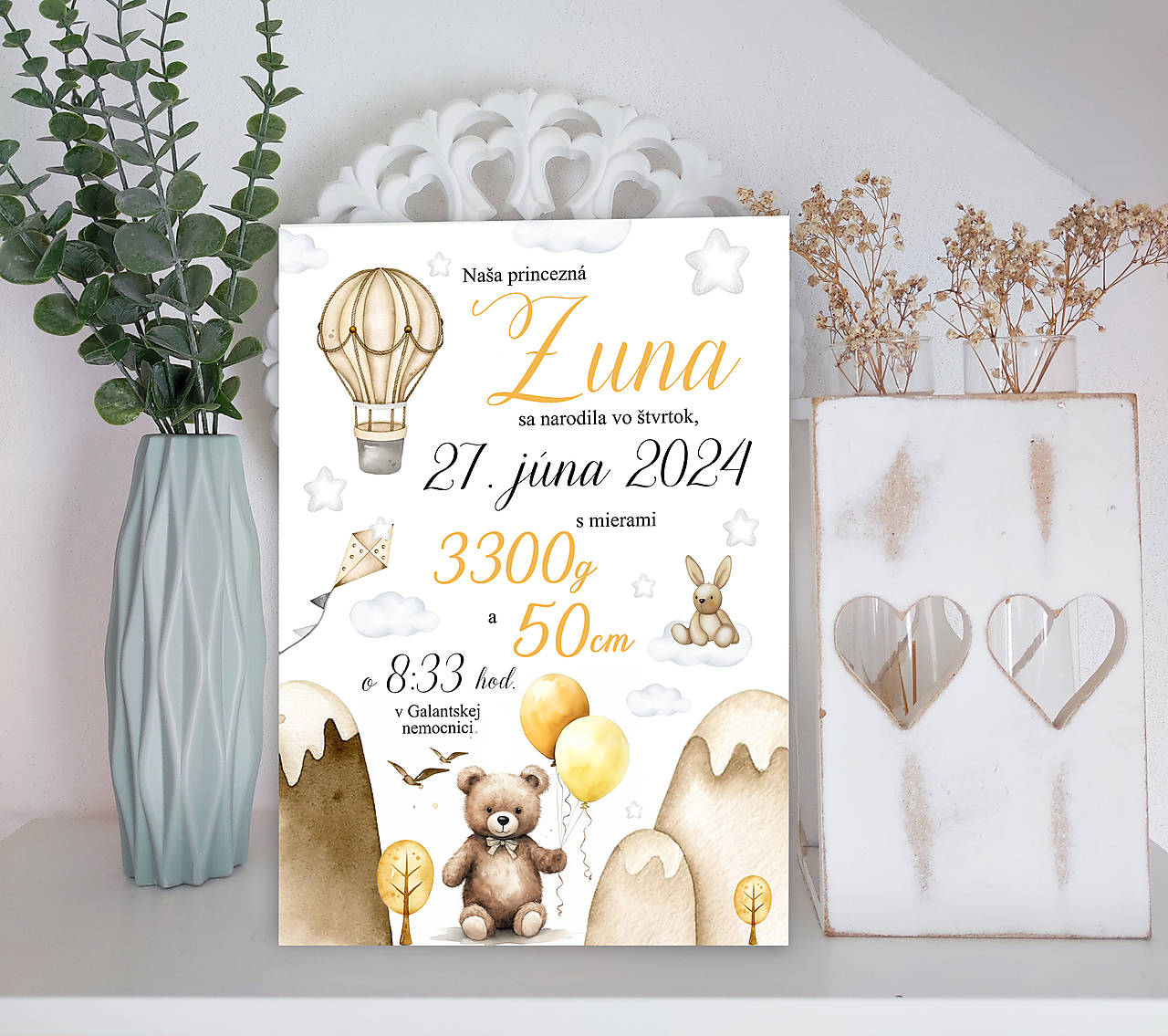 Tabuľka pre bábätko s údajmi o narodení balón hory hviezdičky (ozdobné písmo cca a4 - 27x19cm)
